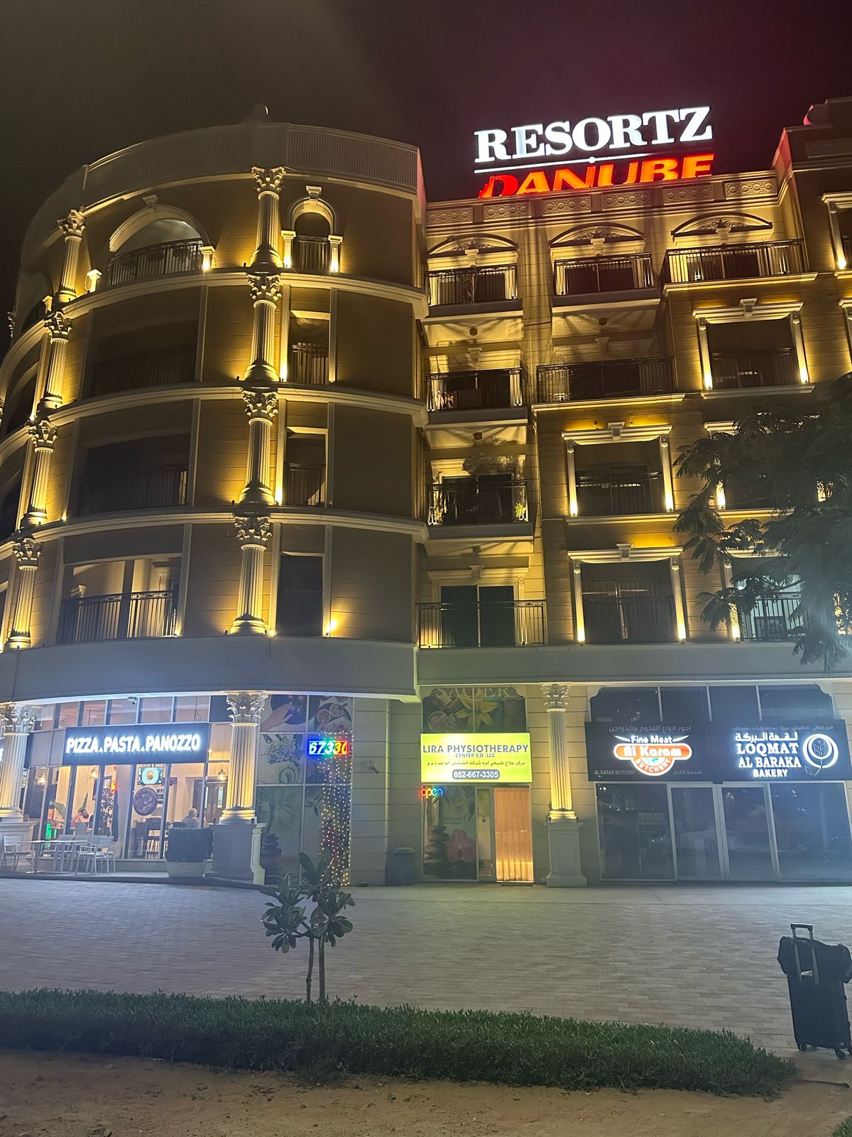 Resortz building frontage at night